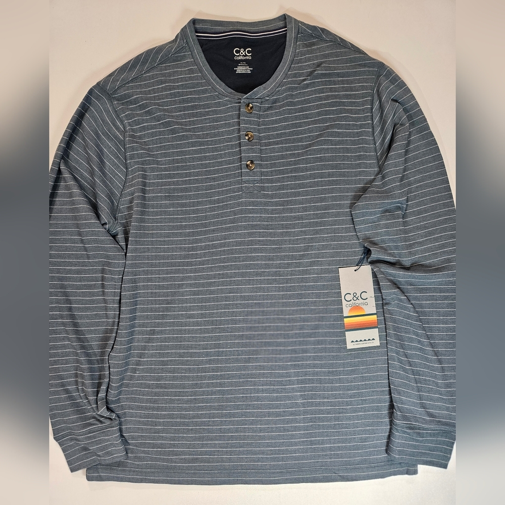 C&C California Shirt Mens XL Long Sleeve Tee Blue‎ White Micro Stripe 1/4 Button